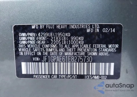 2014 Subaru Impreza 2.0I Premium from USA, damaged, VIN JF1GPAE61E8275730